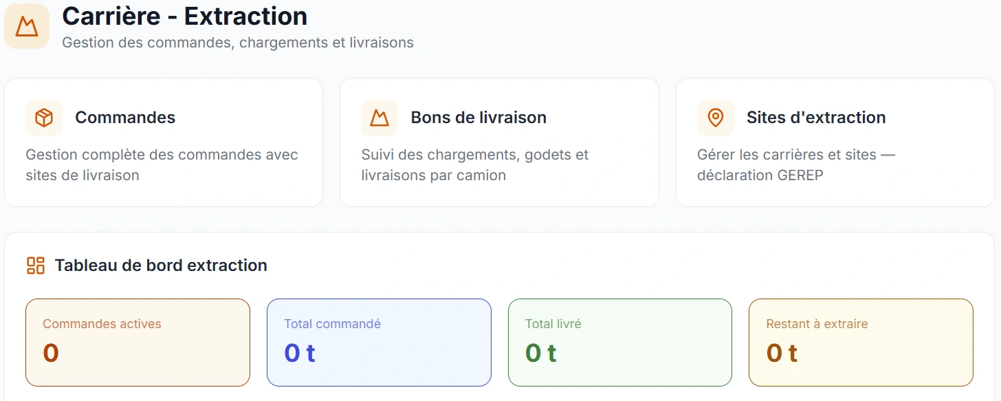 Capture d'écran du module Carrières & matériaux dans Okapia OS