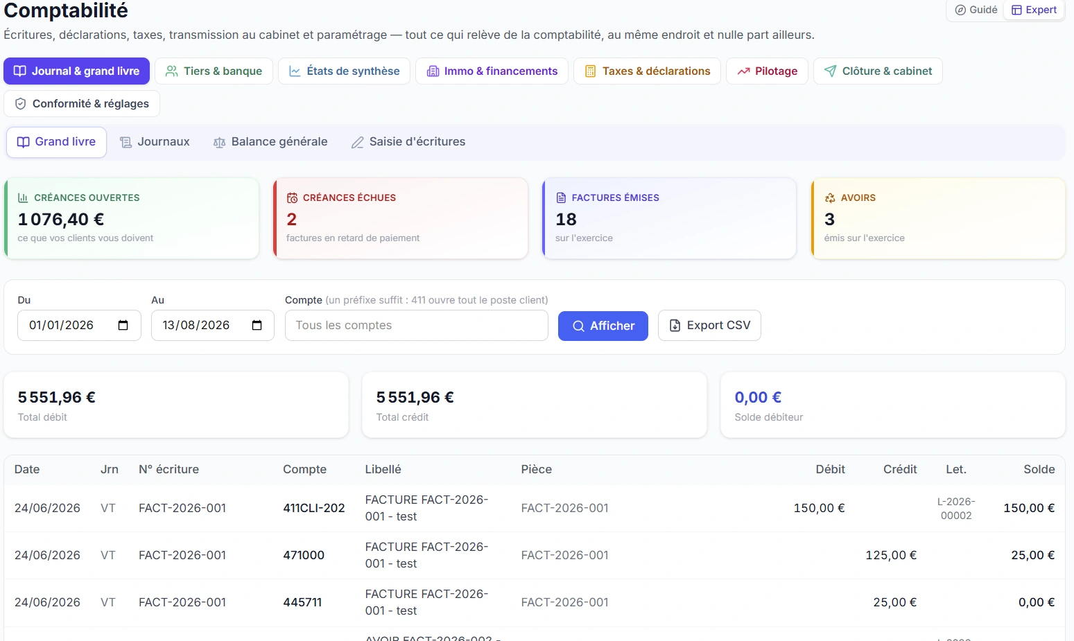 Capture d'écran du module Comptabilité générale & analytique dans Okapia OS