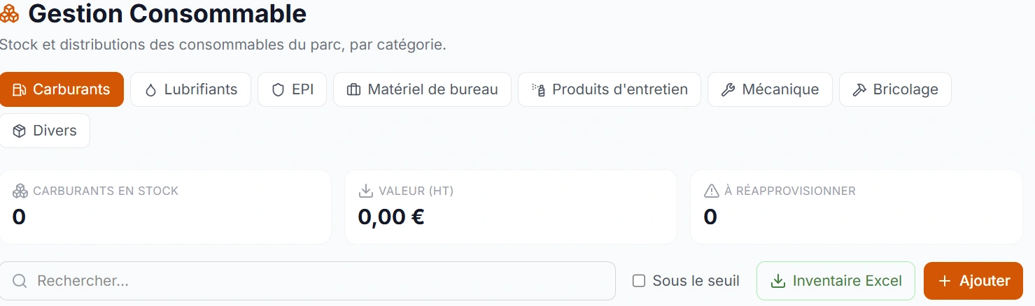 Capture d'écran du module Gestion des consommables dans Okapia OS
