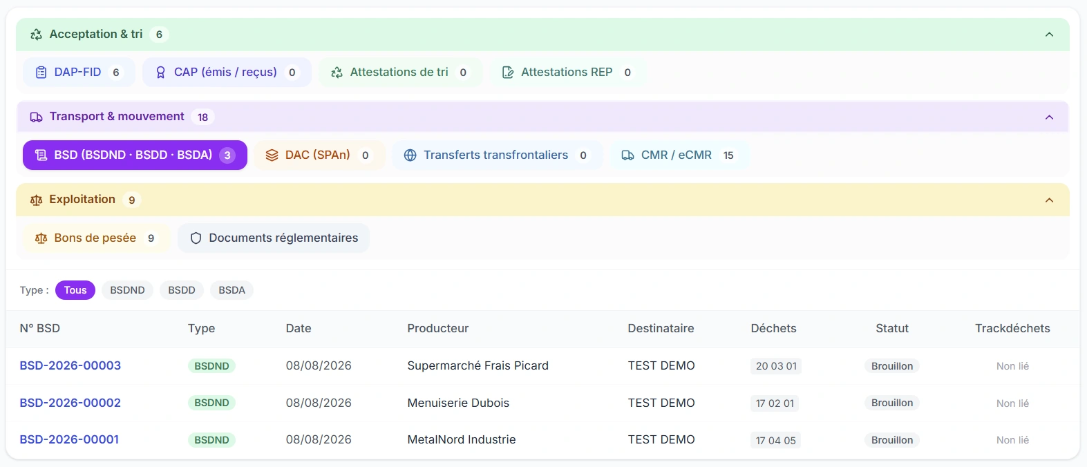 Capture d'écran du module DAP, attestations & documents dans Okapia OS