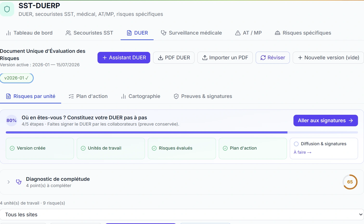 Capture d'écran du module DUERP & santé-sécurité au travail dans Okapia OS
