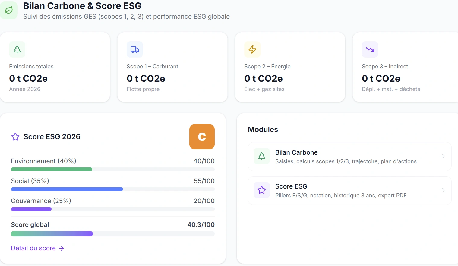 Capture d'écran du module Bilan carbone & ESG / RSE dans Okapia OS