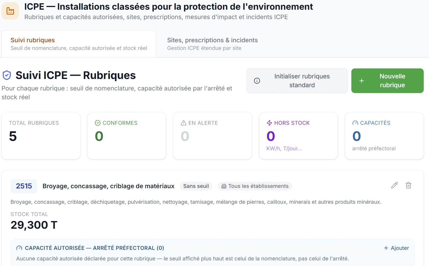Capture d'écran du module ICPE & registre d'exploitation dans Okapia OS