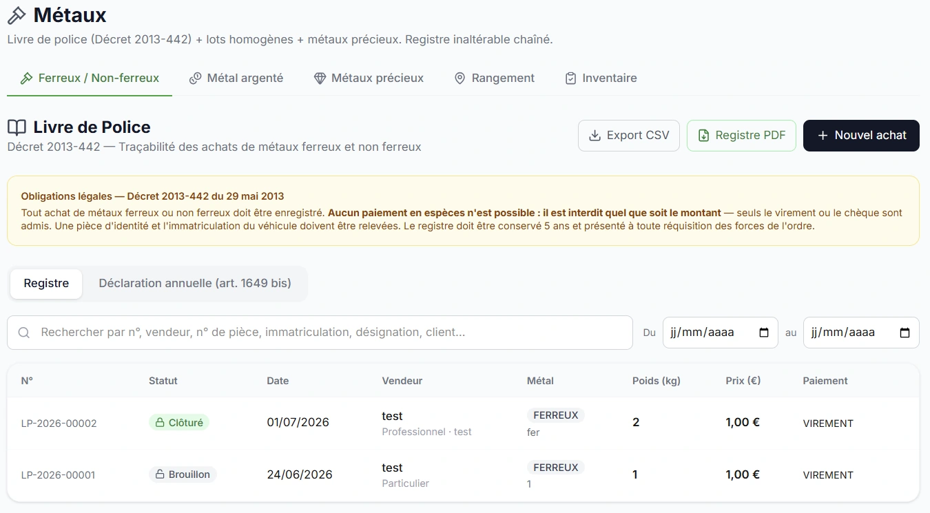 Capture d'écran du module Livre de police dans Okapia OS