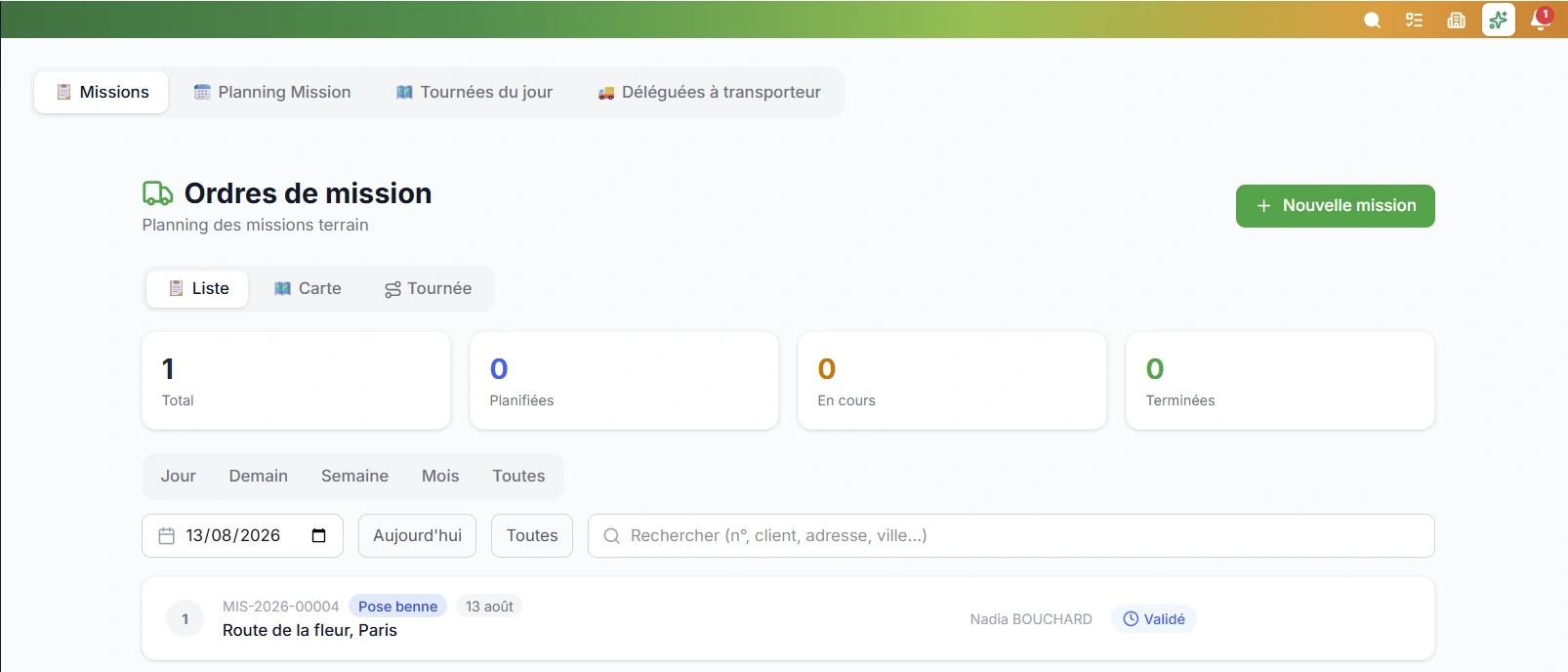 Capture d'écran du module Missions & tournées dans Okapia OS