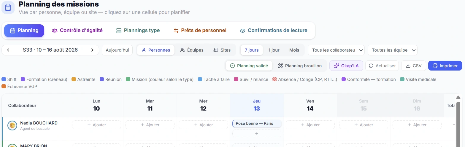 Capture d'écran du module Planning des équipes dans Okapia OS