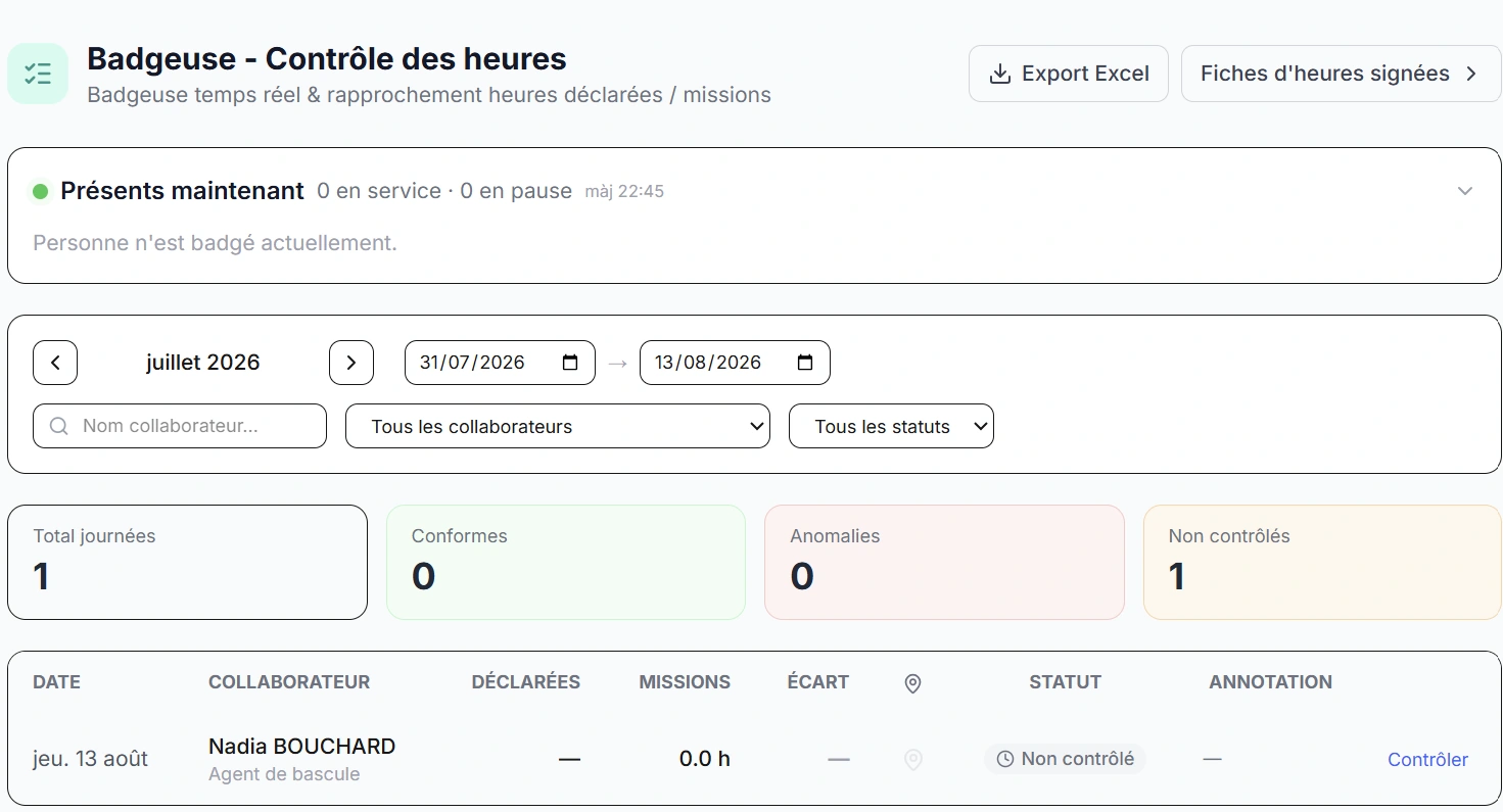 Capture d'écran du module RH & pointage dans Okapia OS