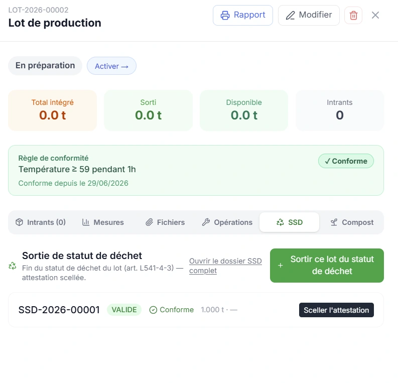 Capture d'écran du module Valorisation des matières dans Okapia OS